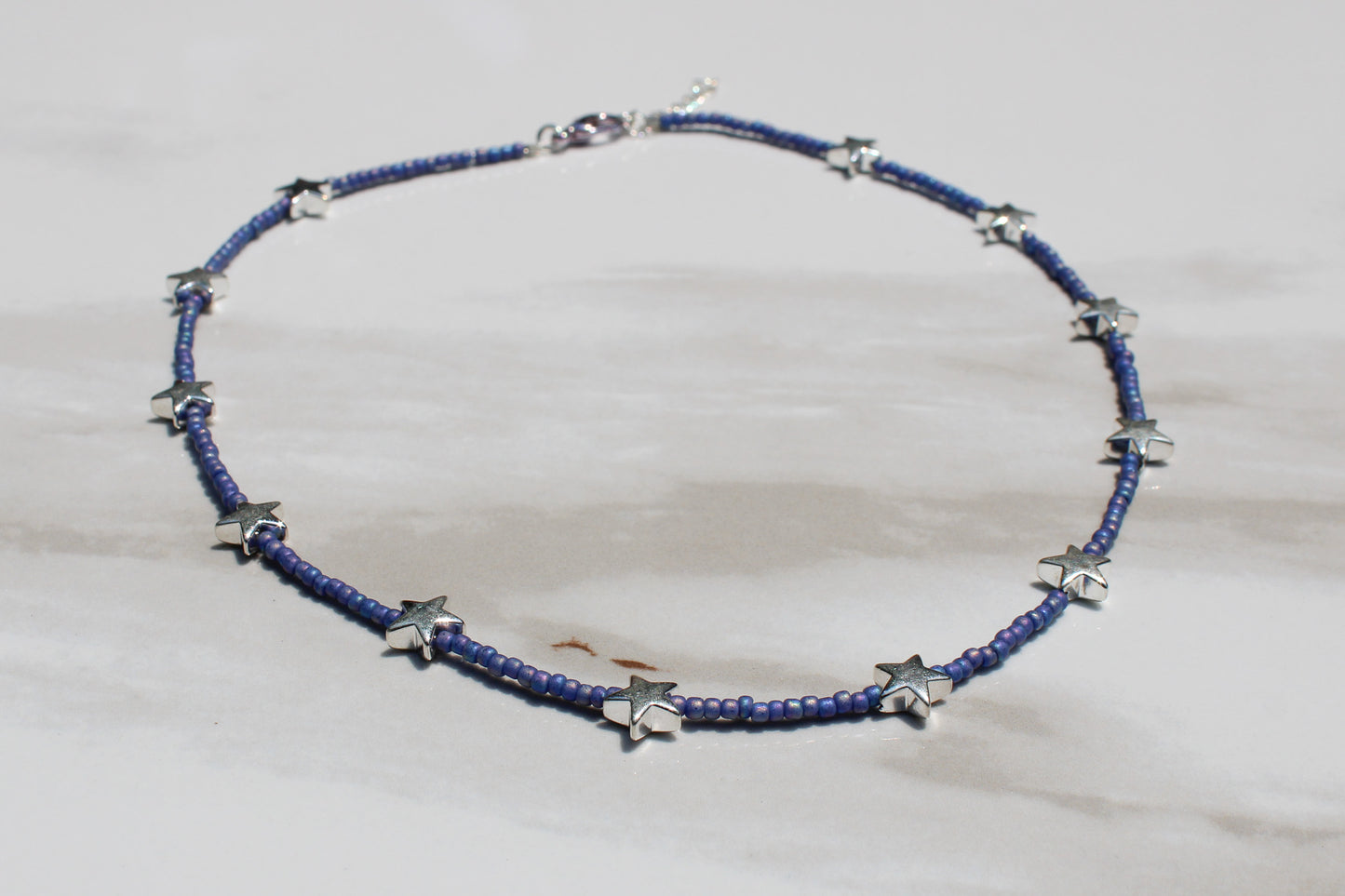 Blue Seed Bead Choker Necklace with Silver Star Beads