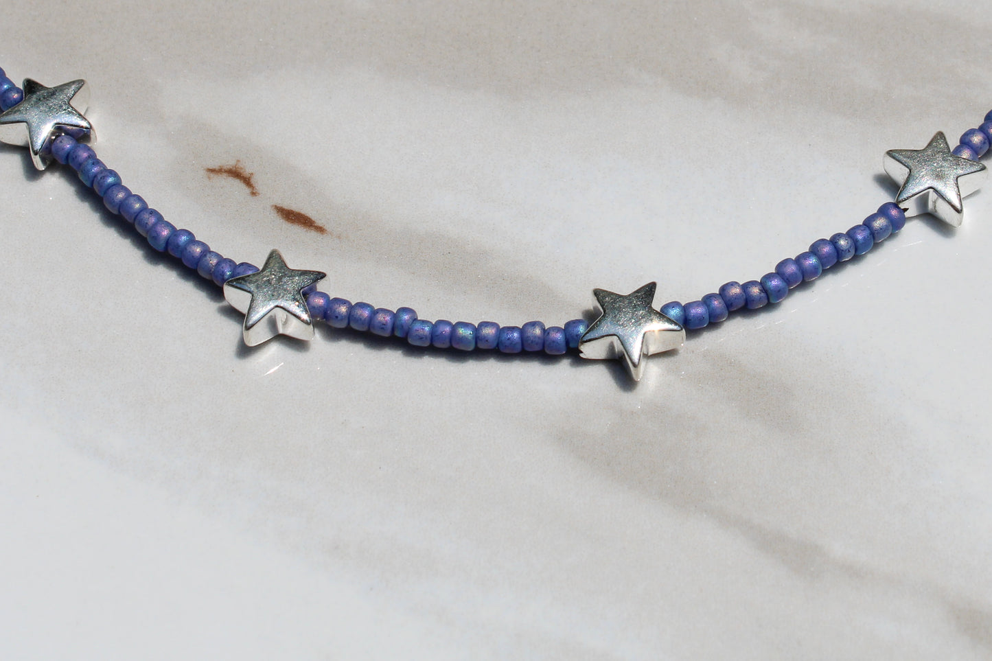 Blue Seed Bead Choker Necklace with Silver Star Beads