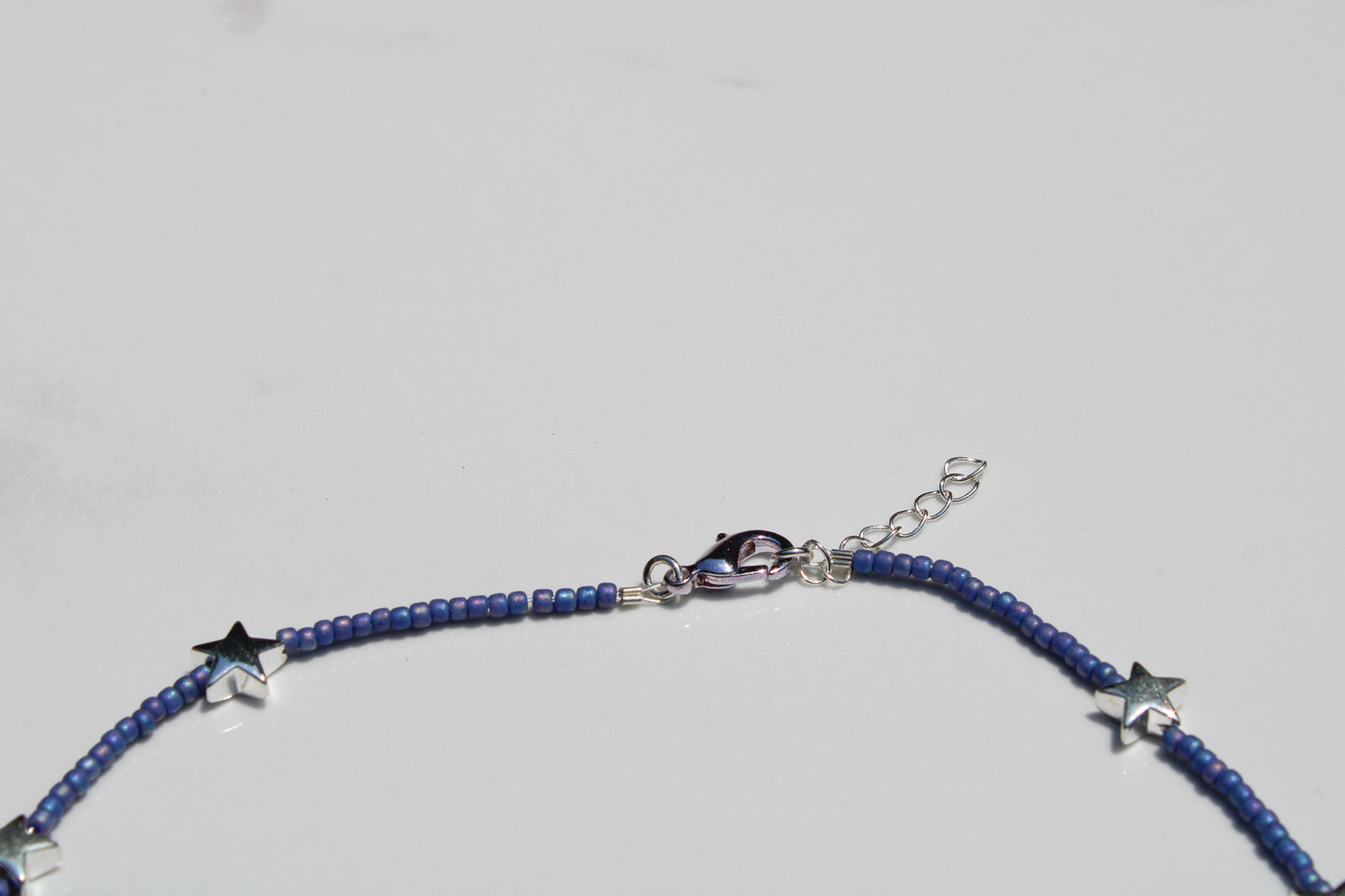 Blue Seed Bead Choker Necklace with Silver Star Beads