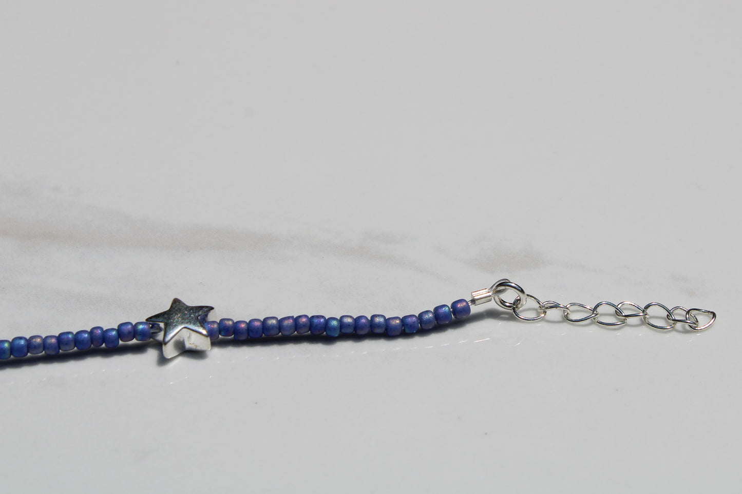 Blue Seed Bead Choker Necklace with Silver Star Beads